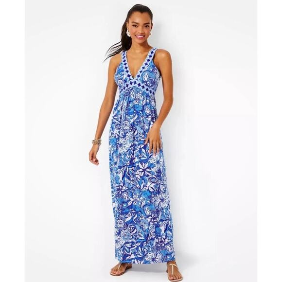 Lilly Pulitzer Serena V-Neck Maxi Dress Blue Tang Flocking Print Coastal Prep 10 - Picture 1 of 9